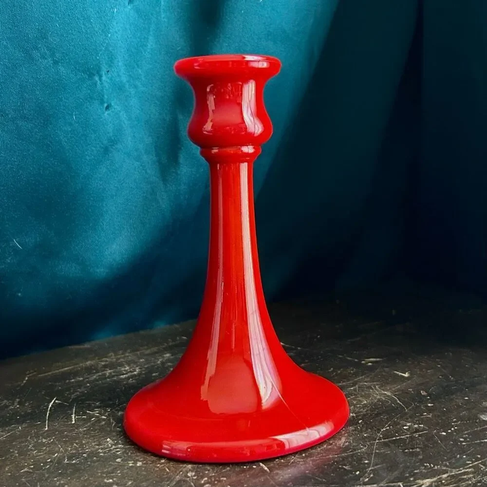 1920’s Northwood Glass Chinese Coral Red Candlestick Rainbow Line Cadmium UV Glo